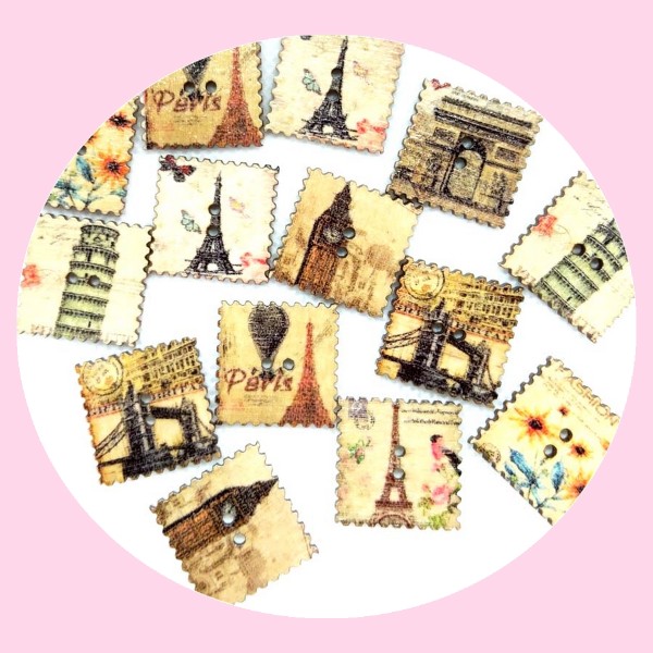 25 Boutons vintage en bois Paris, Tour Eiffel, Arc de Triomphe 2 trous - Photo n°1