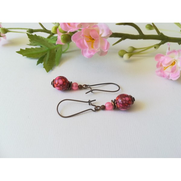 Kit boucles d'oreilles apprêts cuivre et perle à motif rose et rouge - Photo n°1