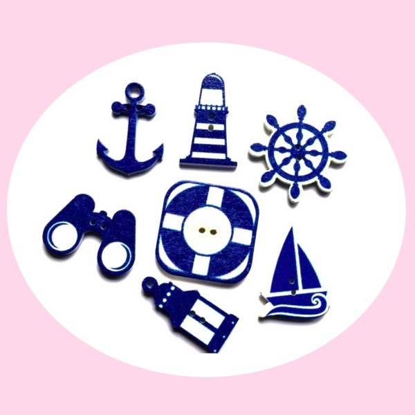 20 Boutons marine, océan jumelles, ancre, phare, voilier, barre à roue - Photo n°1