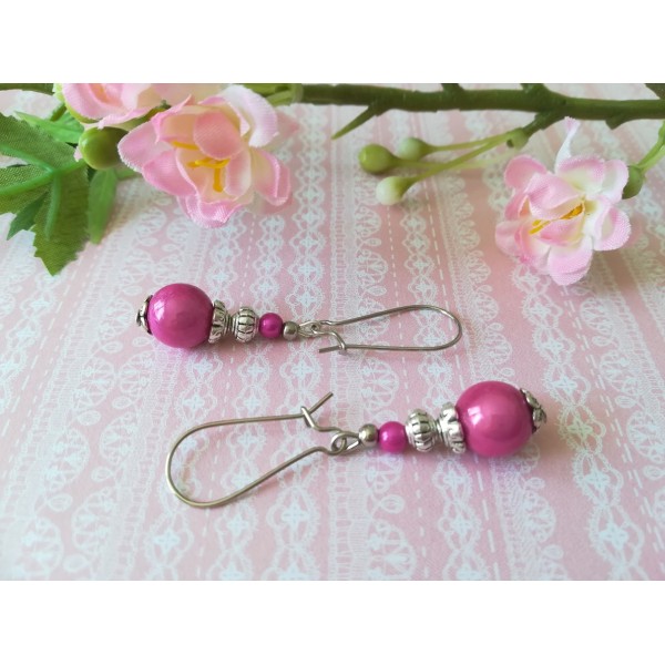 Kit de boucles d'oreilles apprêts argent mat et perle magique rose - Photo n°1