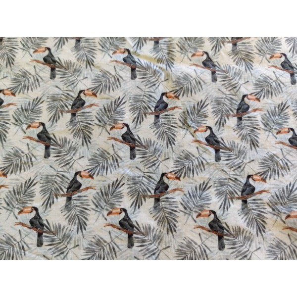 Coupon tissu - toucan et feuilles grises - coton - 59x55cm - Photo n°1