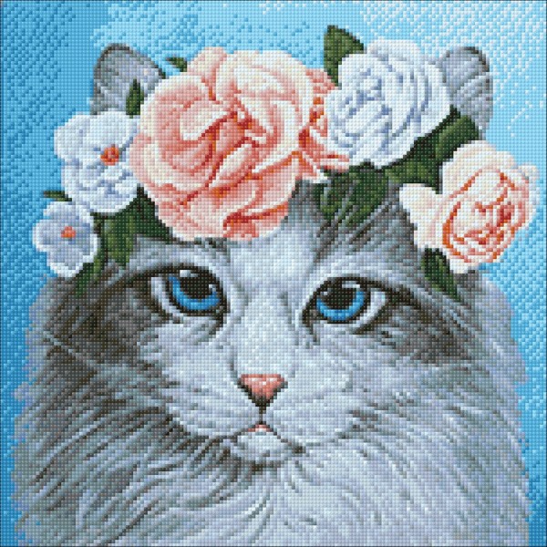 Broderie Diamant Kit Wizardi-Chat aux yeux bleus en fleurs WD2464 38*38cm - Photo n°2