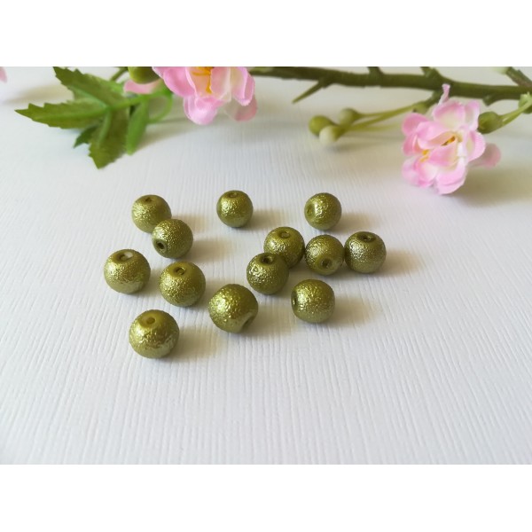 Perles en verre 8 mm granuleuse vert kaki clair x 10 - Photo n°2