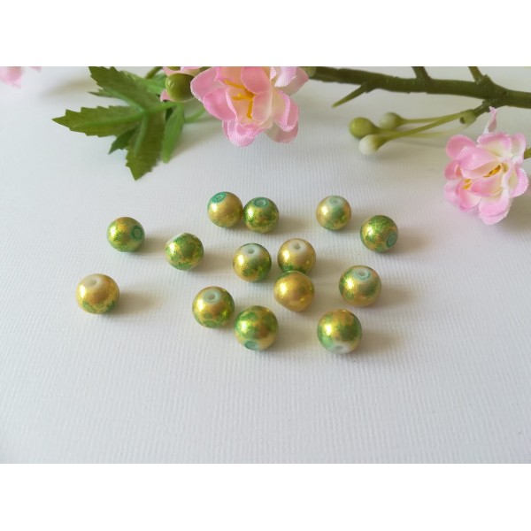 Perles en verre 8 mm doré et verte x 10 - Photo n°2