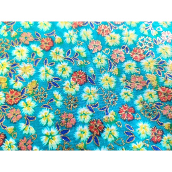 Coupon tissu japonais - fleur fond bleu - coton - 56x58cm - Photo n°1