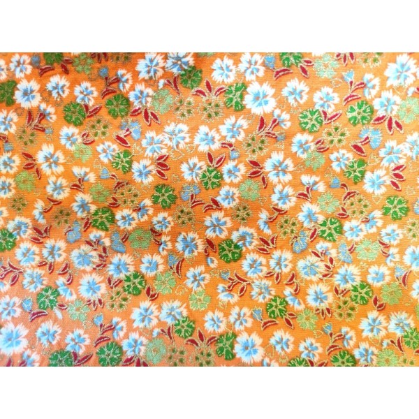 Coupon tissu japonais - fleur fond orange - coton - 55x48cm - Photo n°1
