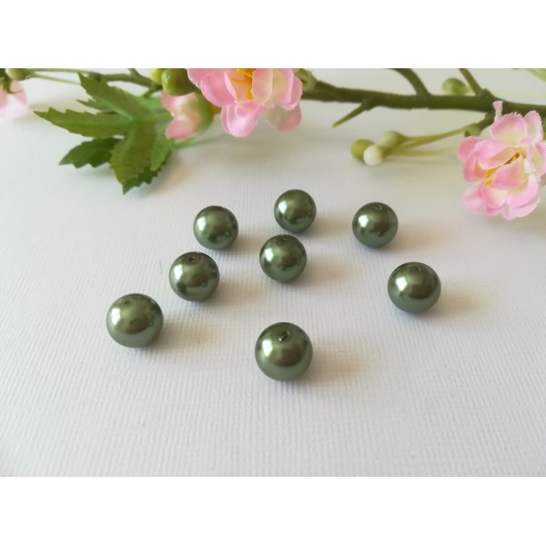 Perles en verre nacré 10 mm vert kaki x 10 - Photo n°1