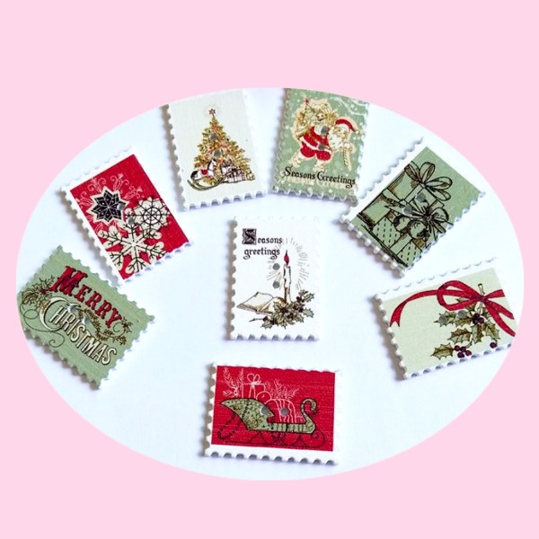 12 Boutons timbres vintage Noël, boutons en en bois 3,5 cm - Photo n°1