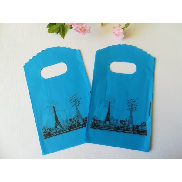 Sachets plastique cadeau 15 x 9 cm bleu motif tour Eiffel x 10 - Photo n°1