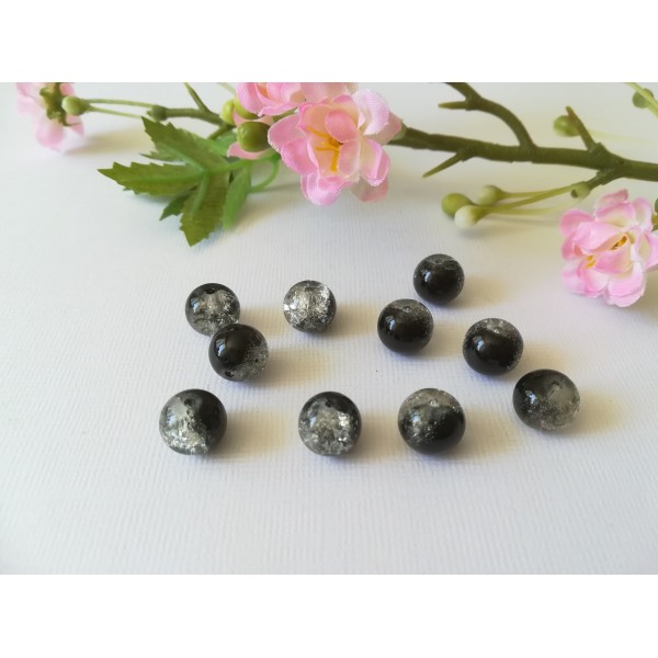 Perles en verre craquelé 10 mm noire et cristal x 10 - Photo n°1