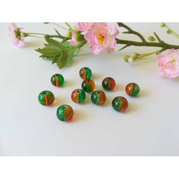 Perles en verre 10 mm verte et orange x 10 - Photo n°1