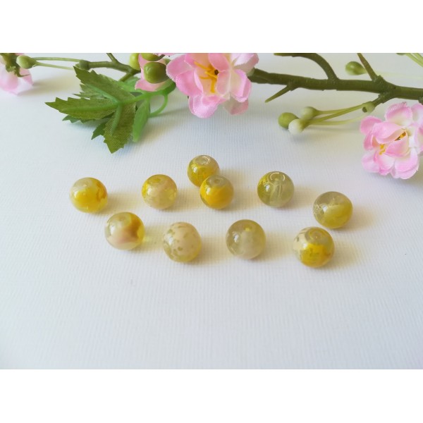 Perles en verre 10 mm jaune taches beiges x 10 - Photo n°1