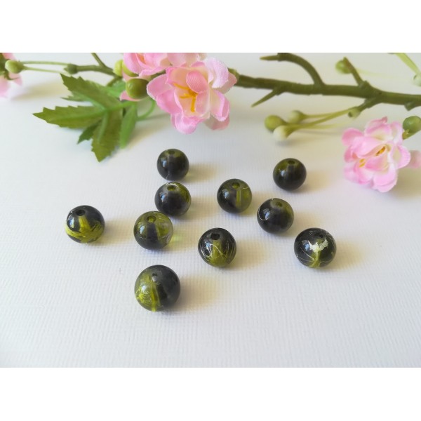 Perles en verre 10 mm noire taches jaunes x 10 - Photo n°1
