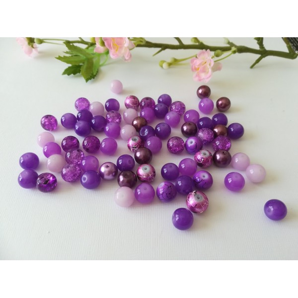 Perles en verre 10 mm violet mauve x 70 - Photo n°1