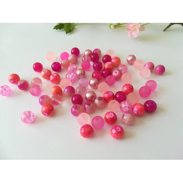 Perles en verre 10 mm fuchsia et rose x 70 - Photo n°1
