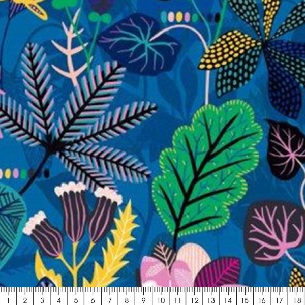 Tissu Rayonne Dashwood Gardenia - Jungle Tropical - Fond bleu - Par 10 cm - Photo n°2