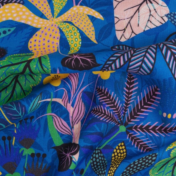 Tissu Rayonne Dashwood Gardenia - Jungle Tropical - Fond bleu - Par 10 cm - Photo n°3