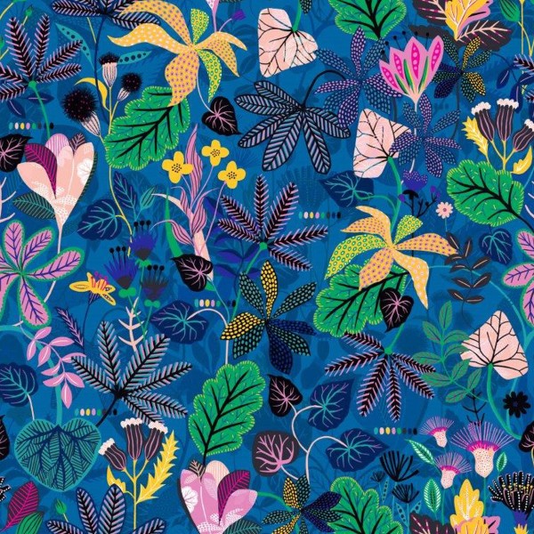 Tissu Rayonne Dashwood Gardenia - Jungle Tropical - Fond bleu - Par 10 cm - Photo n°1