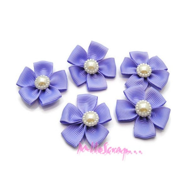 Appliques fleurs tissu grosse perle violet - 5 pièces - Photo n°1
