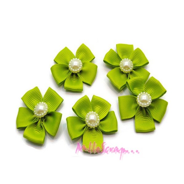 Appliques fleurs tissu grosse perle vert - 5 pièces - Photo n°1