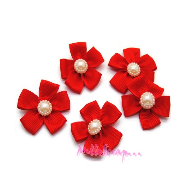 Appliques fleurs tissu grosse perle rouge - 5 pièces - Photo n°1
