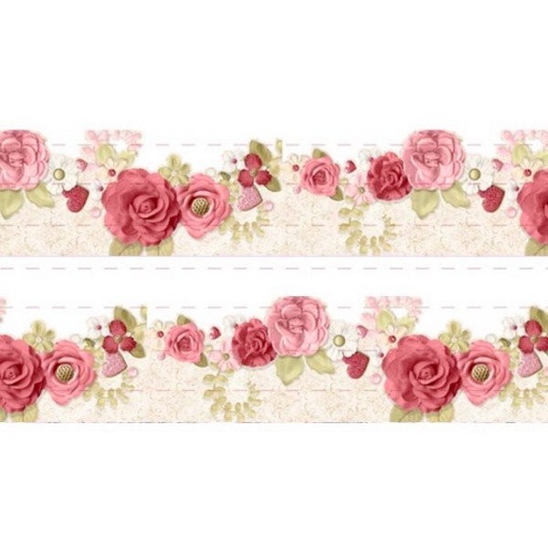 1 m de ruban satin imprimé 2,5 cm couture scrapbooking ROSE ROUGE FEUILLAGE - Photo n°1