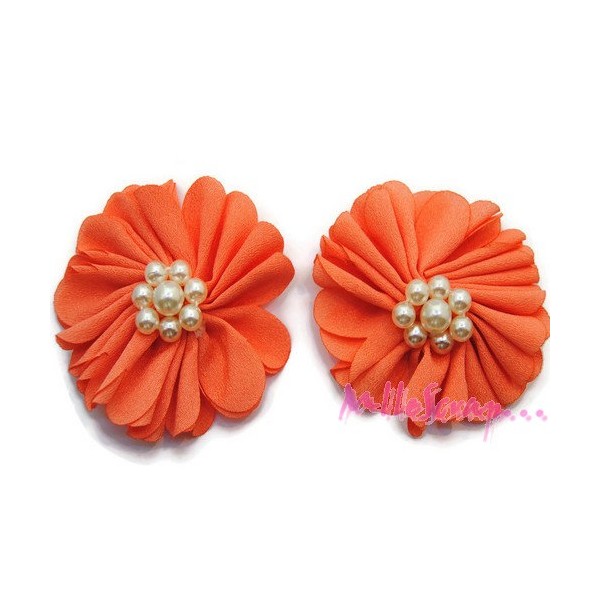 Appliques grosses fleurs tissu perles orange clair - 2 pièces - Photo n°1