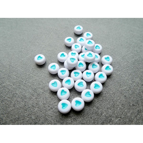 20 Perles en acrylique blanches et coeur turquoise, forme ronde, 7mm - Photo n°1