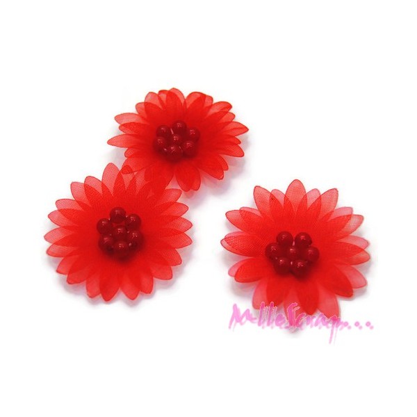 Appliques fleurs tissu perles rouge - 5 pièces - Photo n°1
