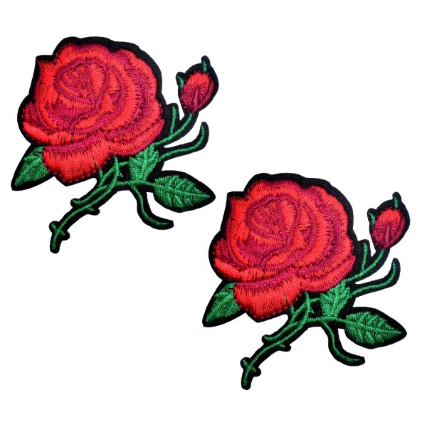 2 Ecussons brodés roses rouges, patchs thermocollants fleurs, 6,7 cm - Photo n°1