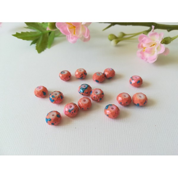 Perles en verre à facette 8 x 6 mm saumon taches bleues x 20 - Photo n°2