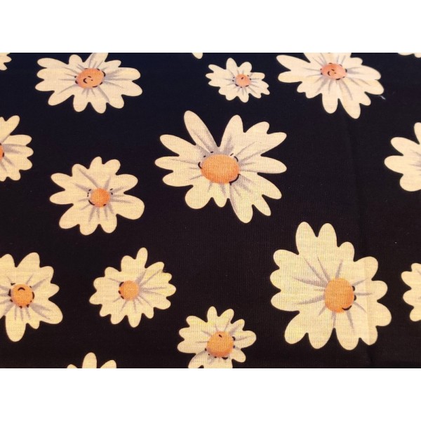 Coupon tissu - marguerite blanche sur fond noir - coton – 48x48cm - Photo n°1