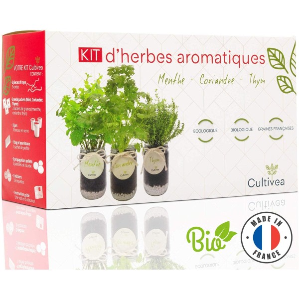 Cultivea– Kit d’Herbes Aromatiques – Graines FR 100% BIO –(Menthe, Coriandre, Thym) - Photo n°1