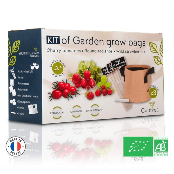 Cultivea – Kit de sacs de culture – Graines Françaises 100%  Bio – (Tomate, Fraise et Radis) - Photo n°1