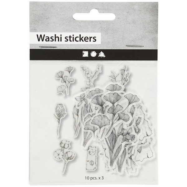 Stickers Papier Washi - Fleurs Noir et Blanc - 30 pcs - Photo n°1