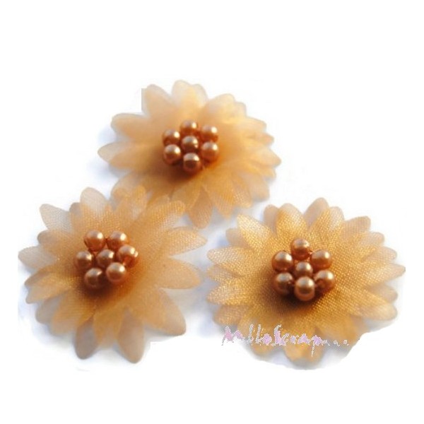 Appliques fleurs tissu perles marron - 5 pièces - Photo n°1