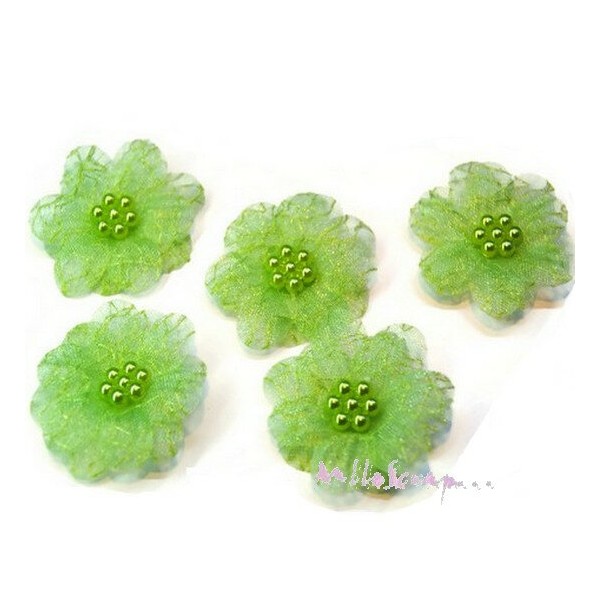 Appliques fleurs tissu organza perles vert - 5 pièces - Photo n°1