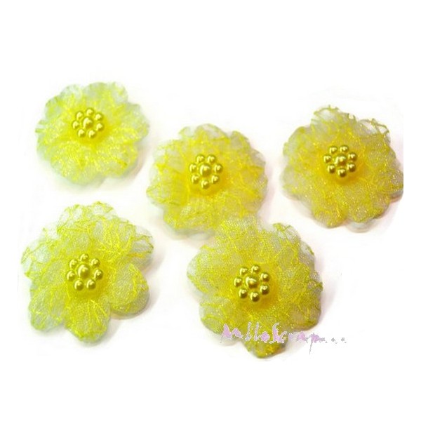 Appliques fleurs tissu organza perles jaune - 5 pièces - Photo n°1