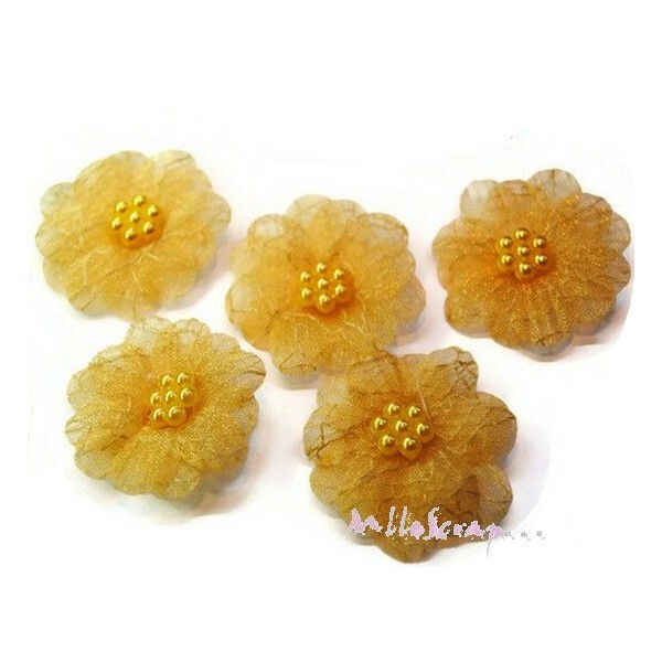 Appliques fleurs tissu organza perles doré - 5 pièces - Photo n°1