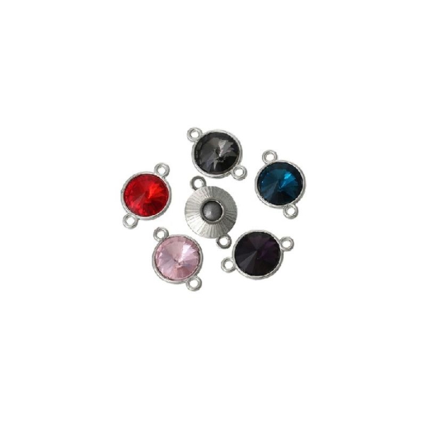 Connecteur rond strass rose, bleu, rouge, gris foncé, violet - métal argenté - 5 pièces - Photo n°1
