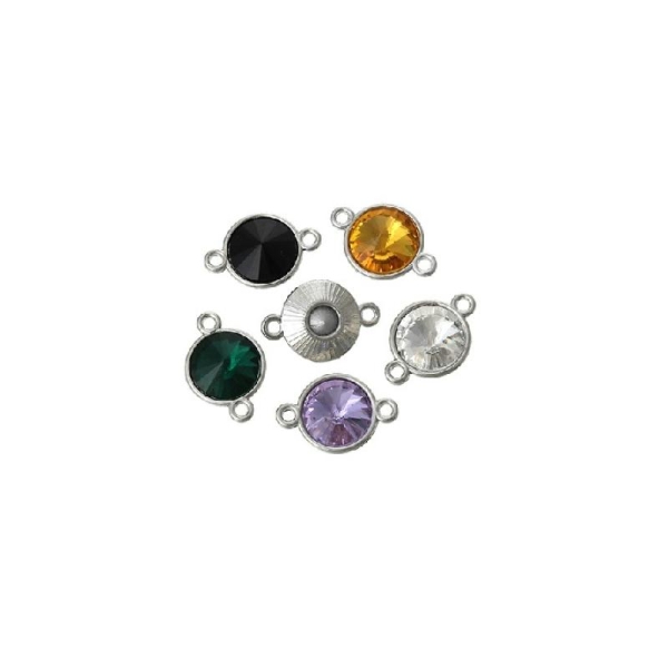 Connecteur rond strass vieux rose, cristal, jaune, vert foncé, noir - métal argenté - 5 pièces - Photo n°1