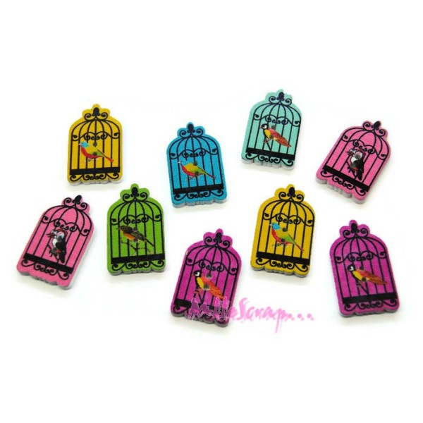 Boutons cages bois multicolore - 9 pièces - Photo n°1