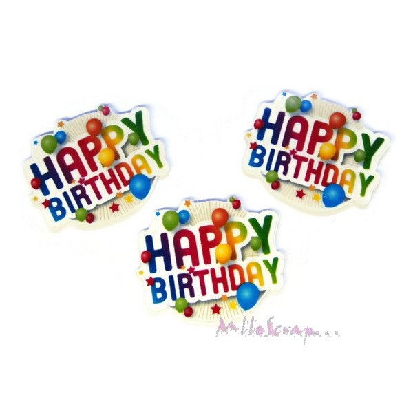 Cabochons plat Happy Birthday résine multicolore - 3 pièces - Photo n°1