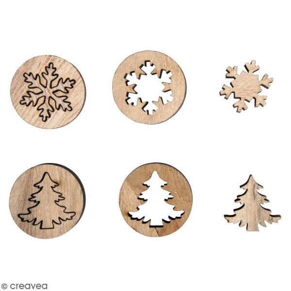 Miniatures en bois - Flocons de neige et sapins - 8 x 28 mm - 24 pcs - Photo n°1