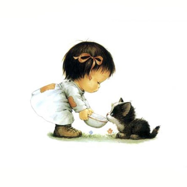 Image 3D Enfant - Fillette nourrissant le chaton 24 x 30 - Photo n°1