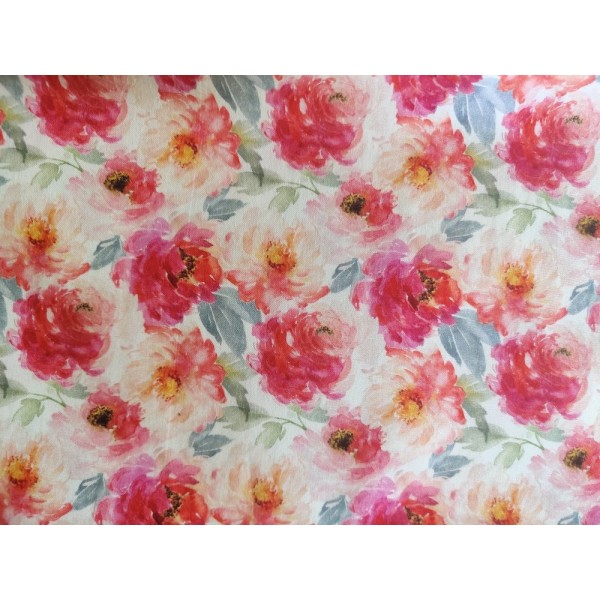 Coupon tissu STENZO popeline de coton - grosses fleurs rose - 50x50cm - Photo n°1
