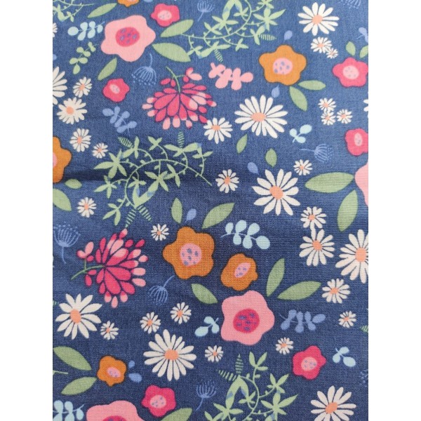 Coupon tissu - fleur multicolore fond bleu - coton - 53x50cm - Photo n°1