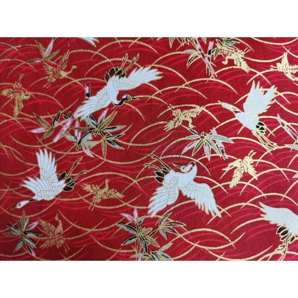 Coupon tissu japonais - grue blanche, fond rouge - coton – 49x50cm - Photo n°1