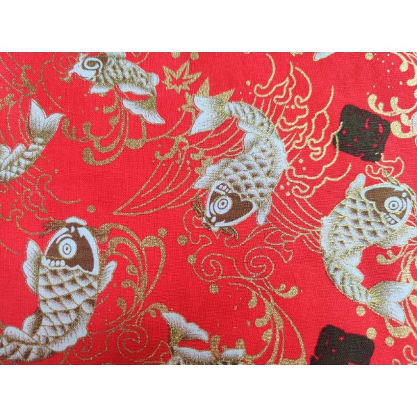 Coupon tissu japonais - carpe koï , rouge et doré - coton – 51x50cm - Photo n°1