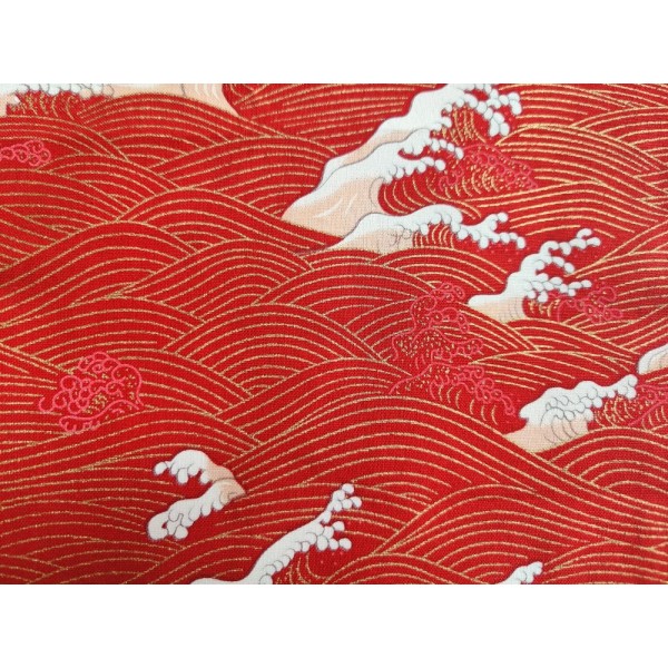 Coupon tissu japonais - vague rouge et doré - coton – 48x50cm - Photo n°1